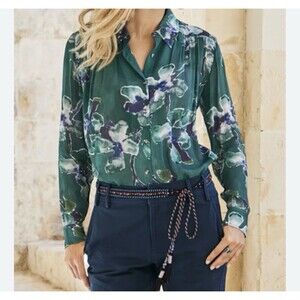 Peruvian Connection Blossom Watercolor Floral Shirt Top Button Up Viscose XXL